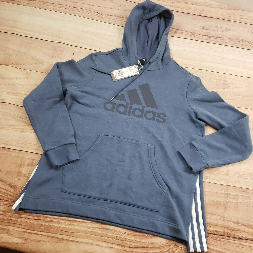 NEW‎ Adidas Sweater Youth Large Blue White Hoodie Spellout Sweatshirt Logo Boy